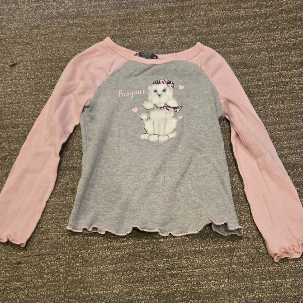 Charming Pink and Gray Cat Graphic Long Sleeve Tee